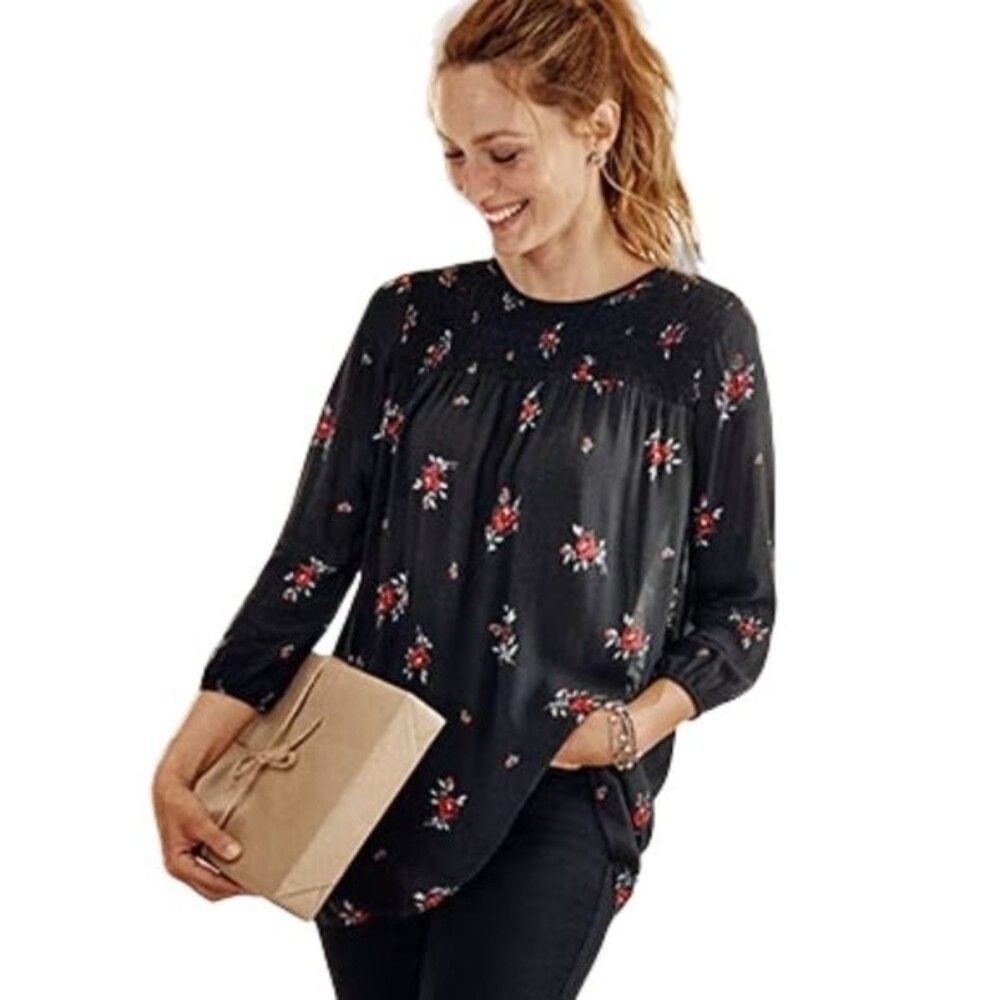 J. Jill Black Floral Tunic Top with Red Accents